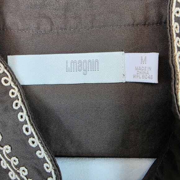 I. Magnin Shirt Womens Medium Brown Embroidered Tunic Boho 3/4 Sleeve Split Neck - Picture 2 of 10